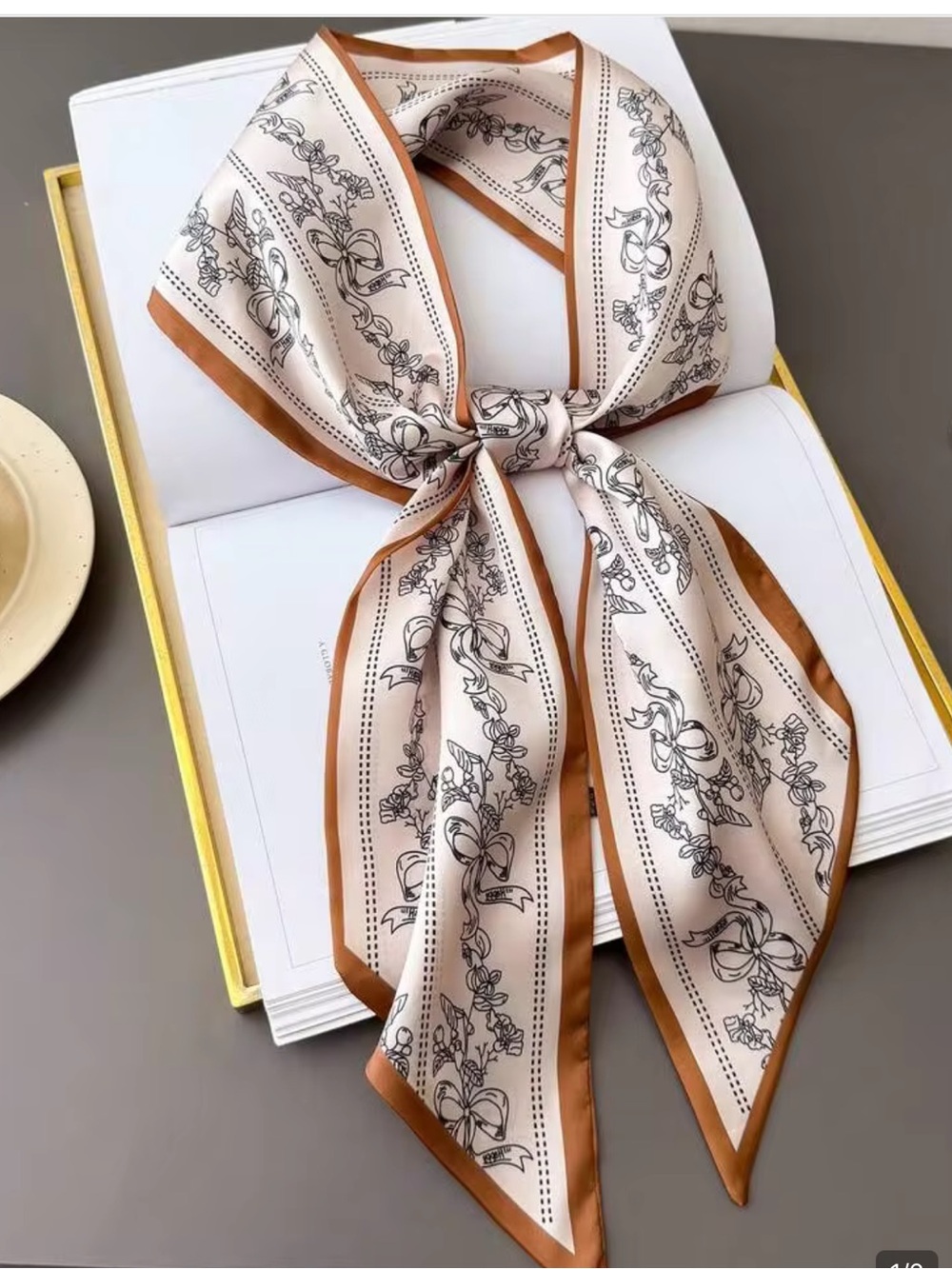 SHEIN Cream Scarf with Tan Border and Gray Scroll Motif